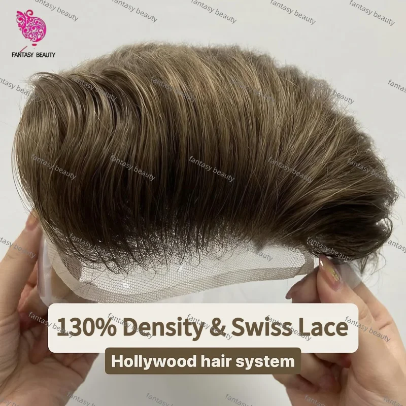 شعر بشري أوروبي غير قابل للاكتشاف شعر مستعار أمامي ناعم من الدانتيل السويسري مع شعر مستعار بتصميم PU شعر مستعار طبيعي للرجال كثافة 130% شعر أسود ورمادي