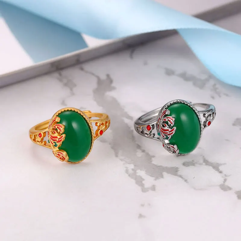 

Vintage silver 925 inlaid natural Hotan Jade green oval rings for women national style enamel ring banquet jewelry gifts