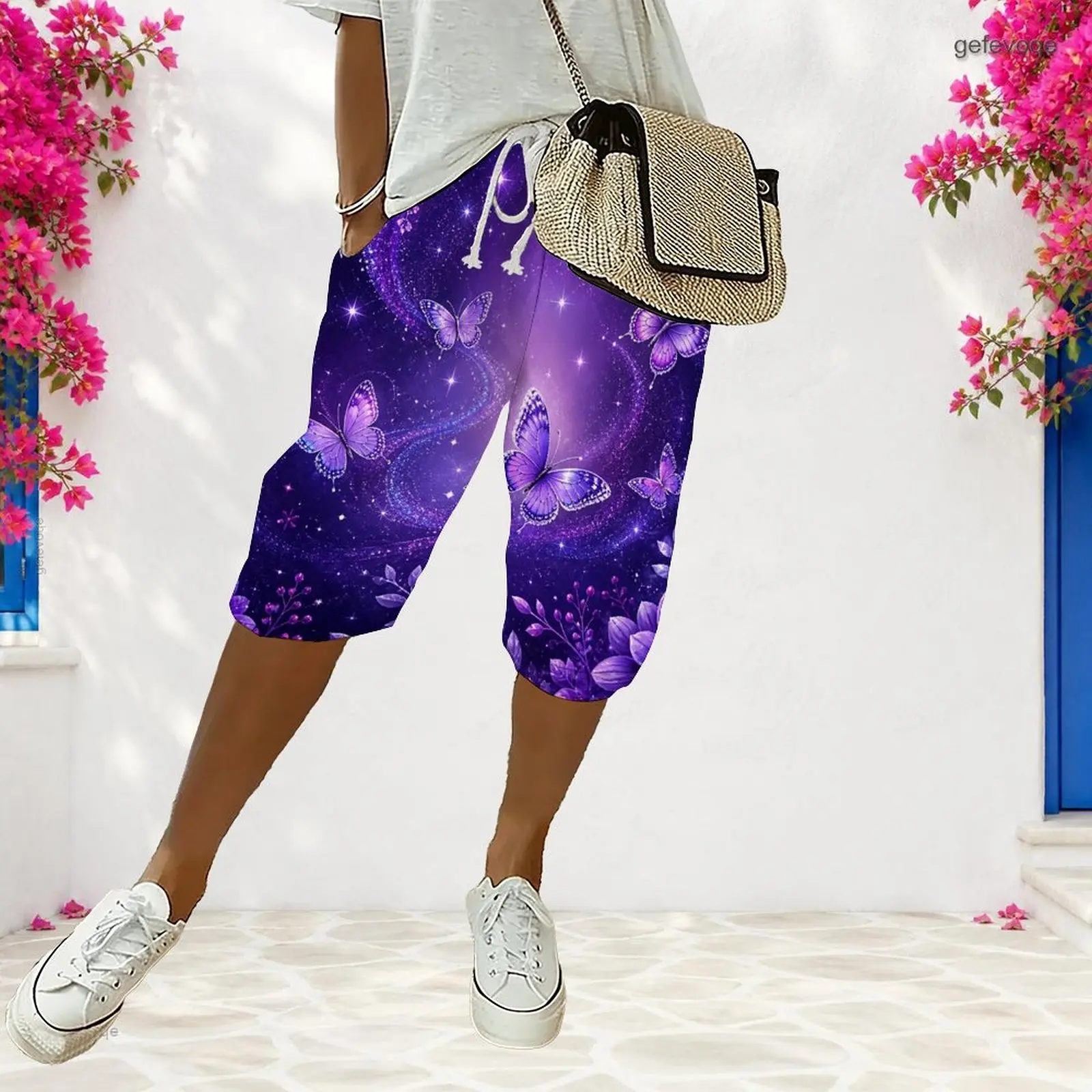Women Purple Blue Galaxy Butterfly Floral Printed Drawstring Knee Length Shorts with Side Pockets