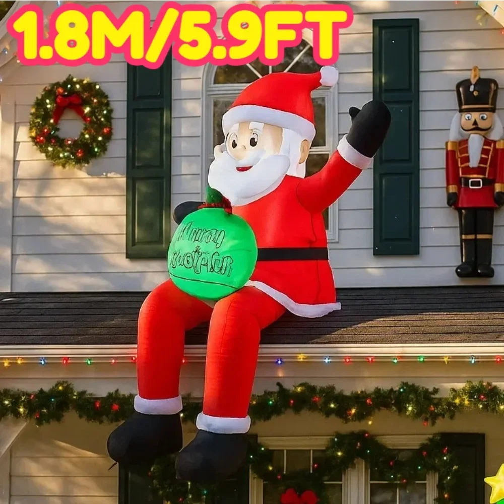 1.8M/5.9FT Inflatable Santa Claus on Roof Holding Gift Bag  Lights LED Home Holiday Lighting Decoration Yard Xmas Supplies Decor