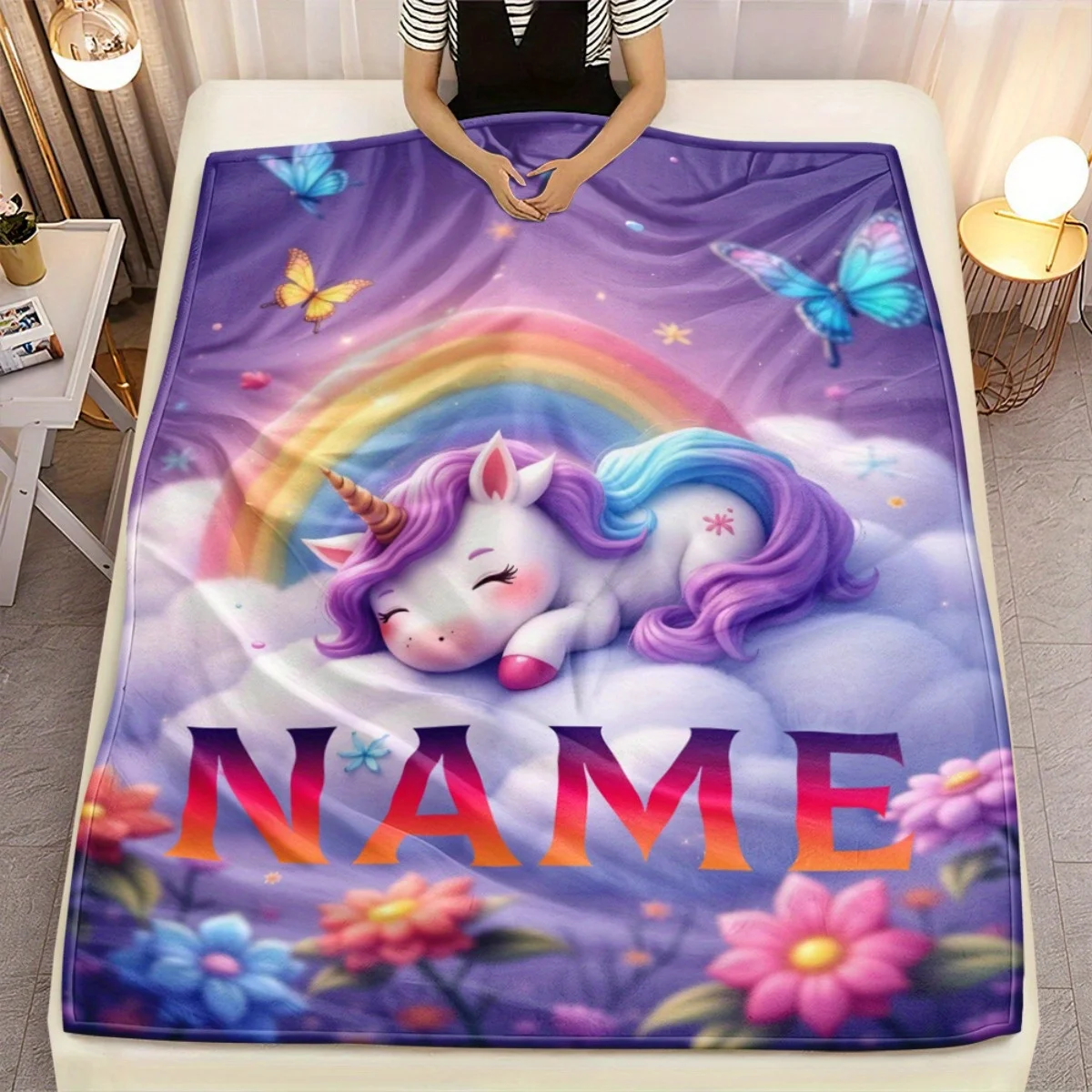 1 Personalized unicorn blanket custom name: Light purple unicorn, comfortable all year round, camping,birthday and festival gift