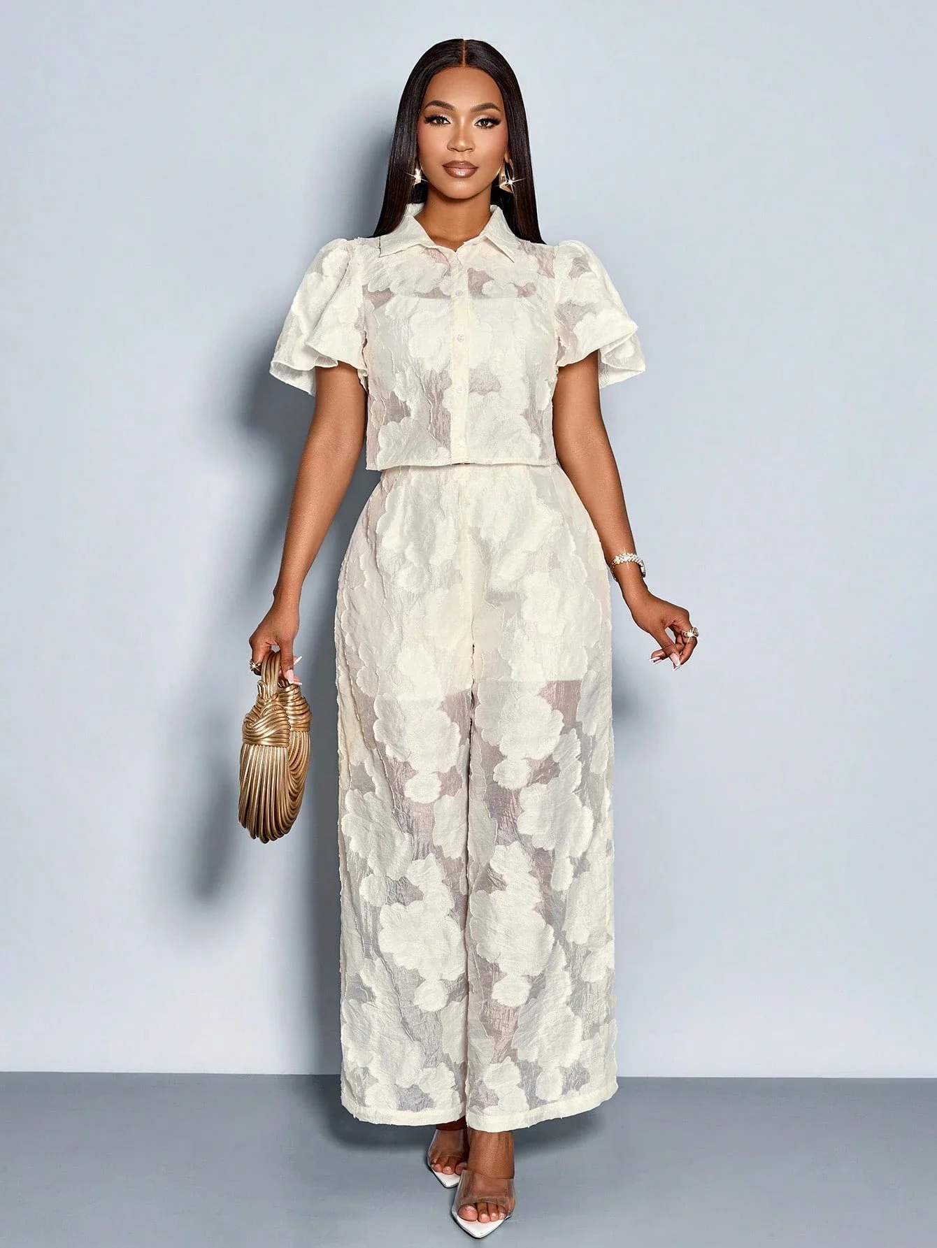 

Elegant Romantic Front Button Short Sleeve Shirt & Wide Leg Pants 2-Piece Set Spring Summer Floral Print