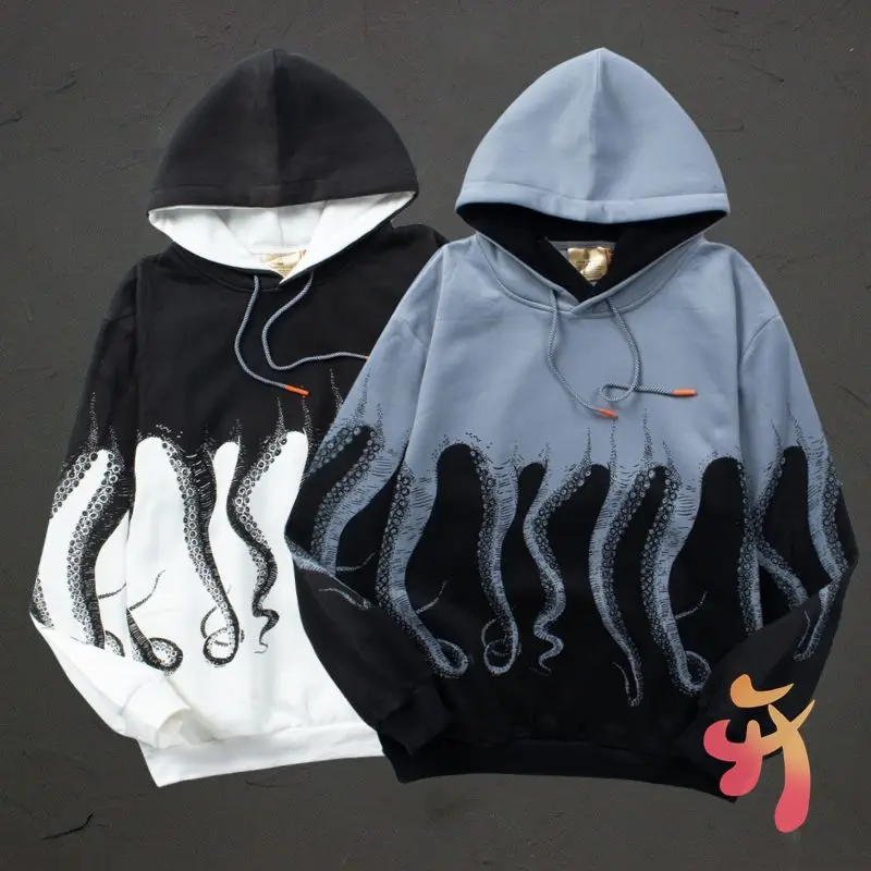 

American Retro Hiphop Street Octopus Print Gradient Hooded Sweatshirt 2XL Fleece Pullover Casual Loose Men Women Kanye Hoodys