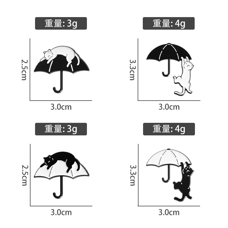 Black Cat Enamel Pins Umbrella White Kitten Brooches Lapel Badges Cute Cartoon Animal Jewelry Backpack Accessories Gift For Kids