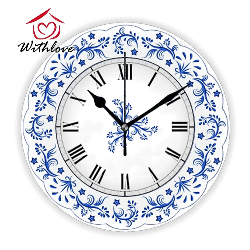 Reloj de pared con diseño de porcelana blanca y azul para cocina, decoración del hogar, adorno Oriental, reloj de pared chino para sala de estar y dormitorio, regalo