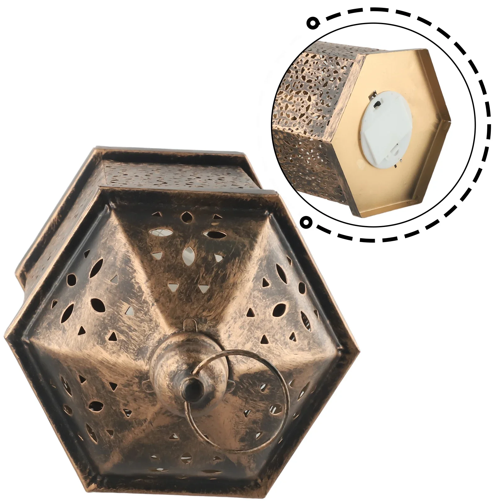 Moroccan Style Hanging Metal Lanterns Set with Brass Effect Finish and Battery Operated Night Light Made of Iron