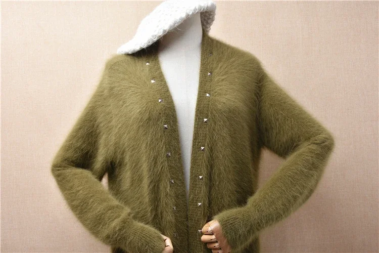 Ladies Women Fall Winter Clothing Soft Beading Hairy Mink Cashmere Knitted Long Sleeves Loose Long Sweater Cardigans Mantle Coat