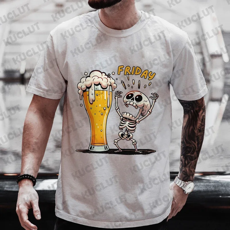 Men\'s T Shirt Skeleton Enjoying FRIDAY Beer Day Tees Men T-Shirt Finally Friday for Beer Lovers Male Clothes Short Sleeve Tops