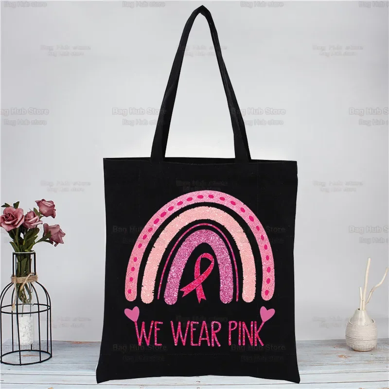 October Pink Breast Cancer Awareness Women Shoulder Bag CanvasShopping Bags Female Handbags Reusable Tote Bag Best Gifts