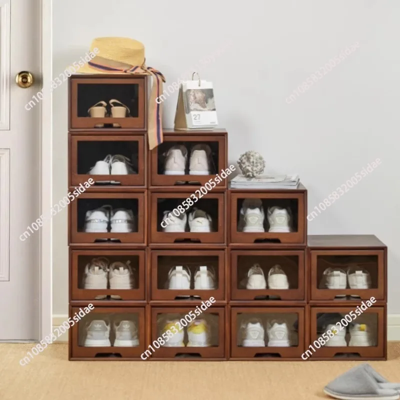 Solid wood shoe cabinet Large capacity multi-layer drawer locker Transparent moisture-proof