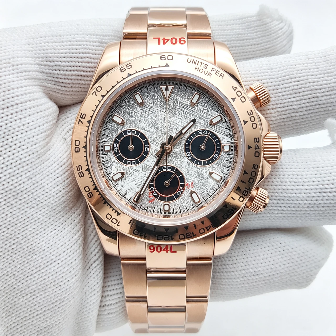 40mm Rose Gold VK63 Chronograph Watch Case, Ceramic Bezel Sapphire Crystal Solid Back Steel Bracelet Luminous Dial