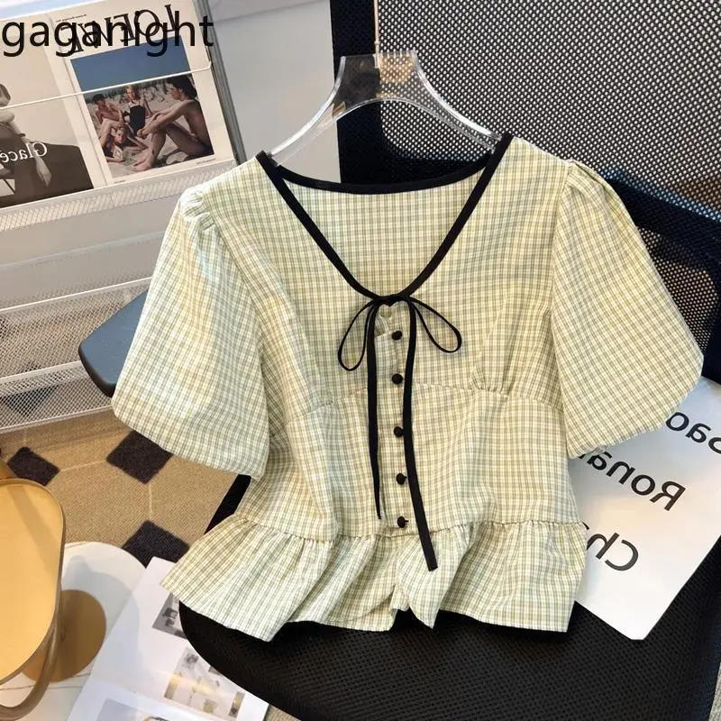 

Gaganight V-neck Lace Up Crop Top Bubble Sleeve Checkered Shirt Women Summer Niche High-end Sense Unique Blouse Short Sleeved