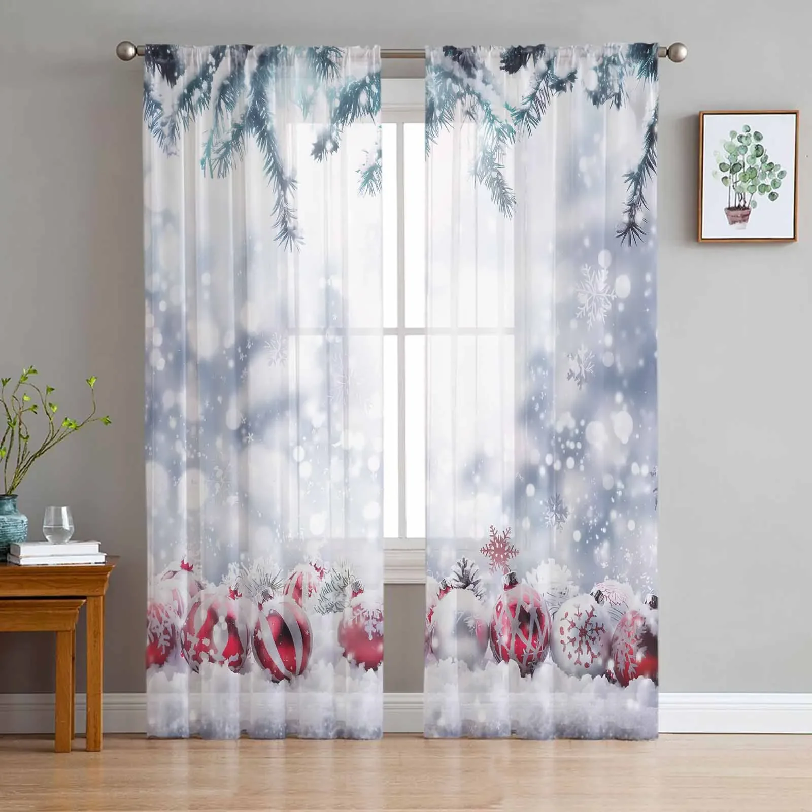 Christmas Snowball Sheer Curtains for Living Room Decoration Window Curtains Kitchen Tulle Voile Curtains