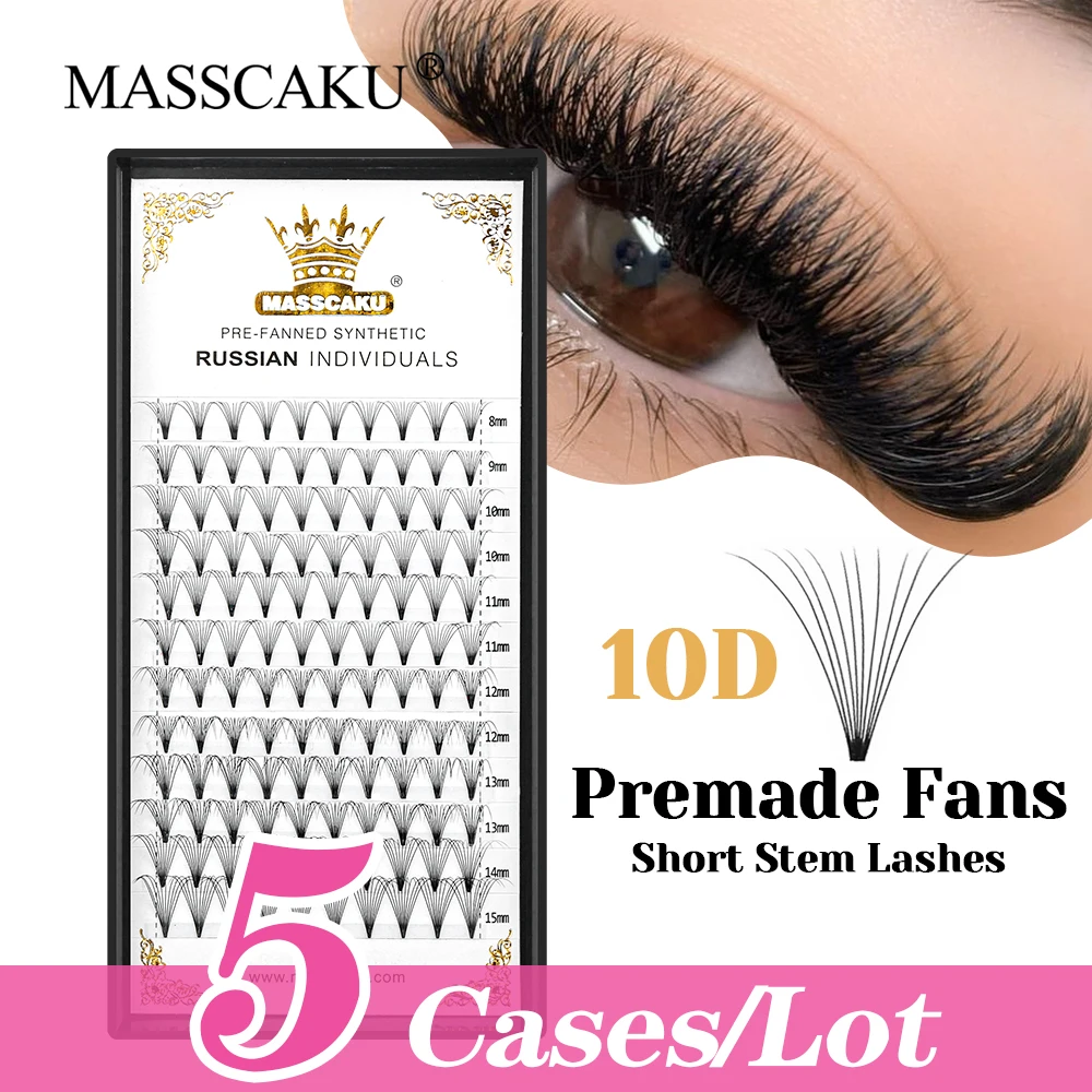 

New Style MASSCAKU 5cases/lot 0.07/0.10mm Thickness Short Stem Fans Eyelash Premium Velvet Fiber Makeup Lashes for Beauty Salon