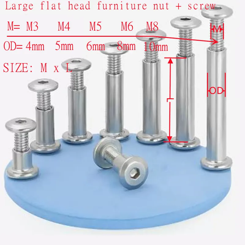 2-10pcs M3~M8 304 Stainless Steel Furniture Nut with Screw Flat Hex Splint Screw Nut Combination Album Butt Account Book Nail