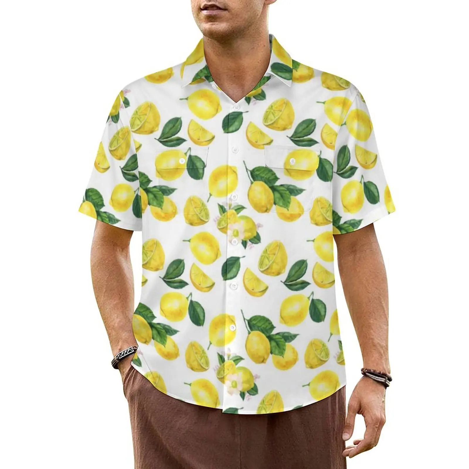 

Yellow Lemon Print Beach Shirt Watercolor Fruit Hawaii Casual Shirts Men Elegant Blouses Short Sleeve Korean Fashion Clothing