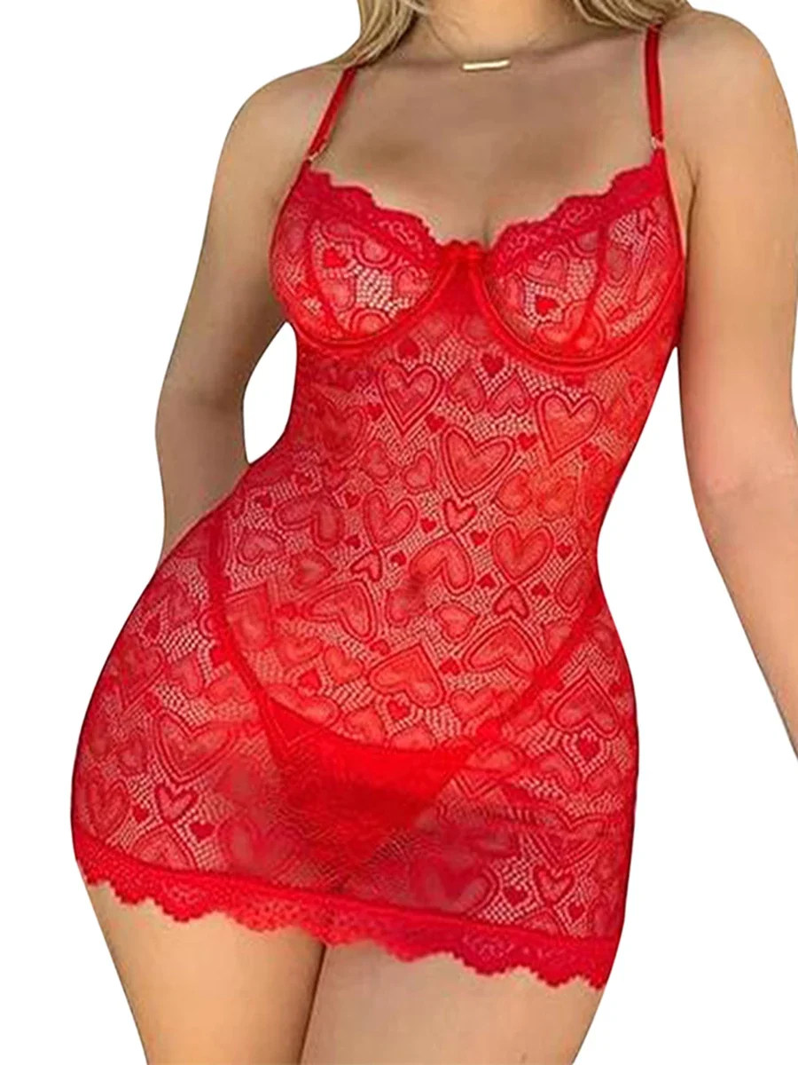 

New Women Lingerie Set Lace Love Heart Mesh See Through Dress V Neck Spaghetti Straps Babydoll Dress With Thong S M L
