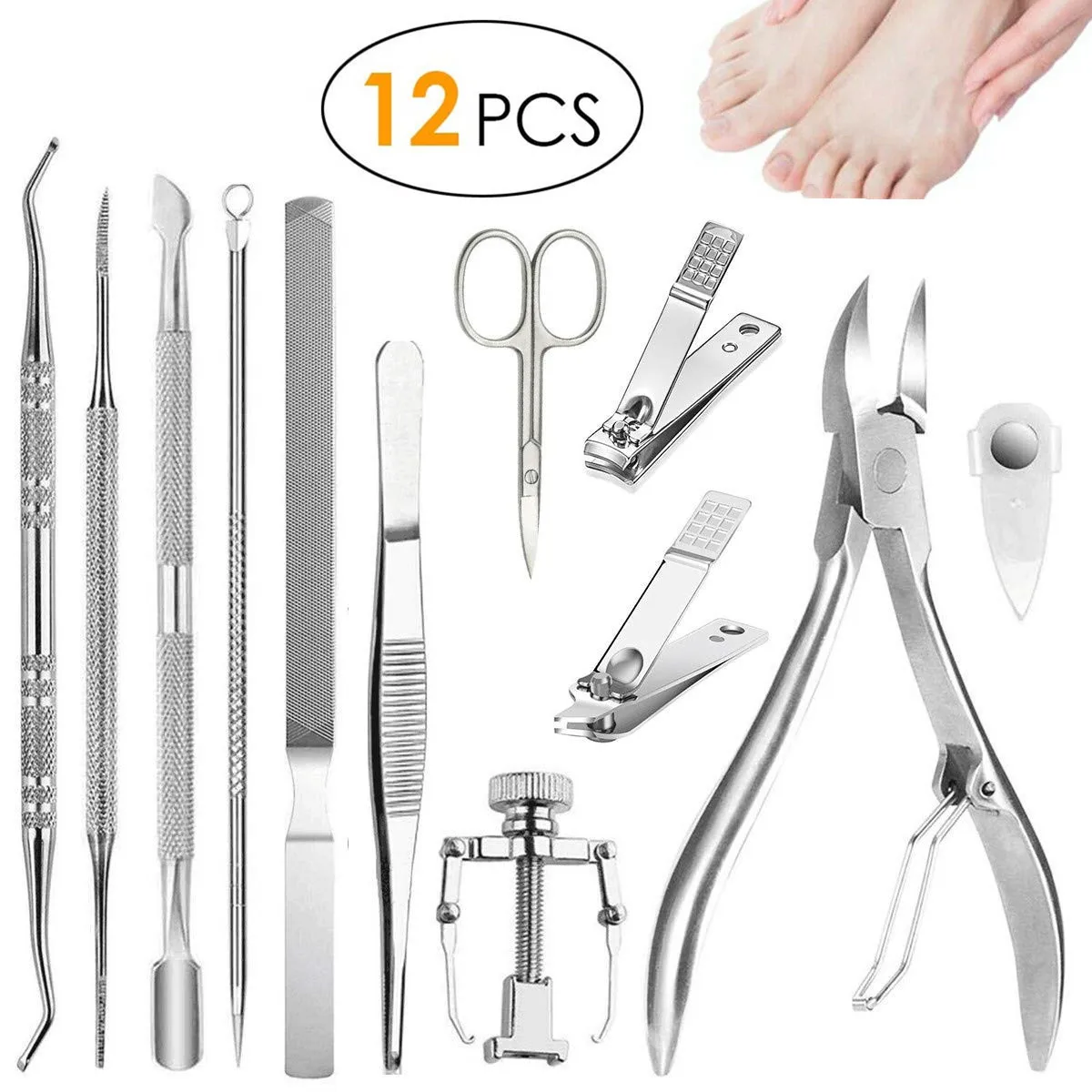 Professional 12-Piece Ingrown Toenail Pedicure Kit Stainless Steel Correction Clippers & Removal for Foot Care Nail Care Set