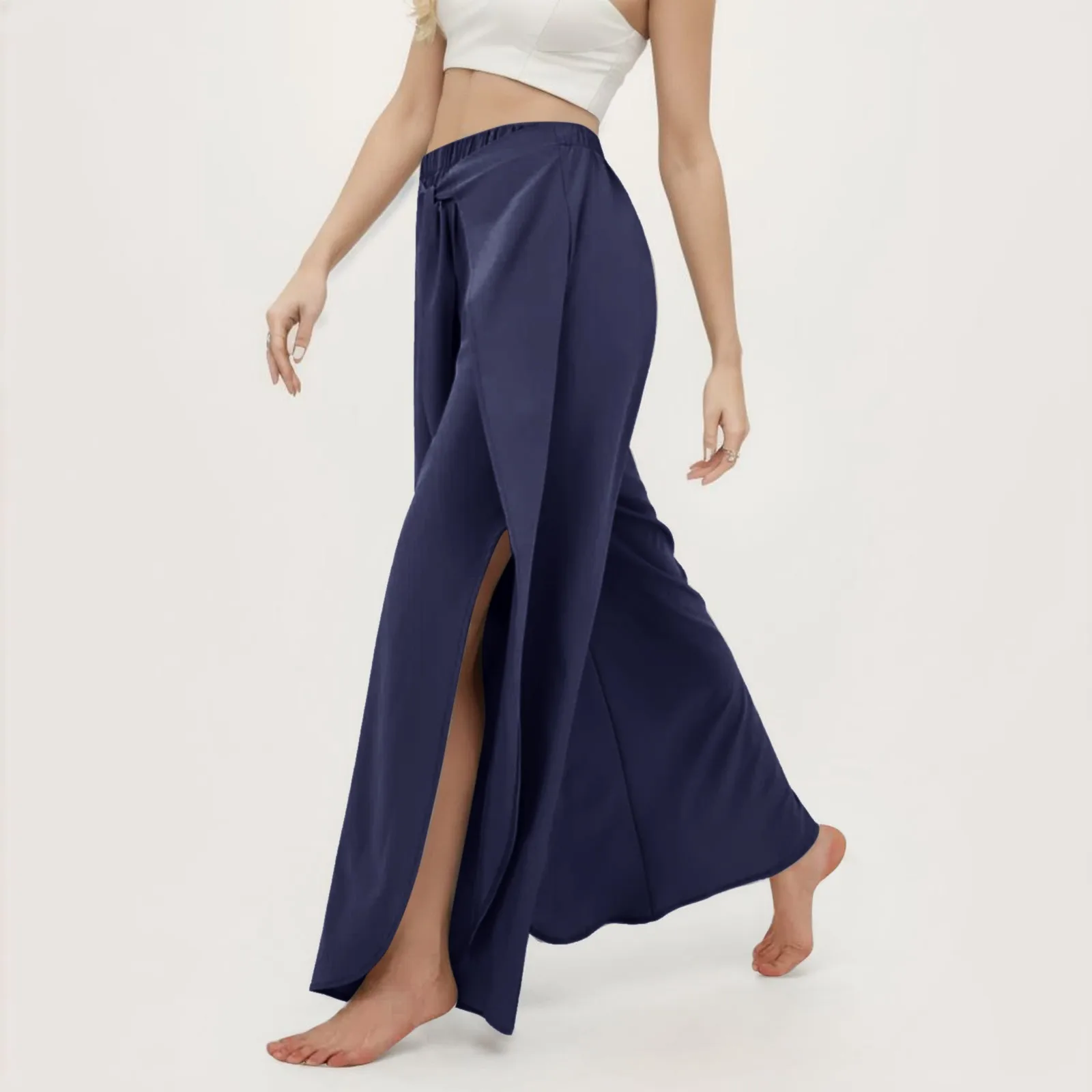 Fashion Women Yoga Sport Pants Ruffled Tiered Streamer Tassels Wide Leg Pants Slit High Waist Elastic Solid Palazzo Trousers