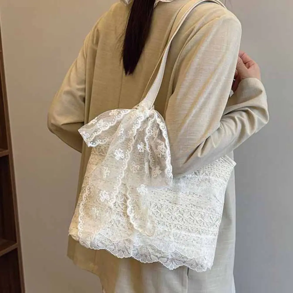 

Shopping Tote Bag Lace Shoulder Bag With Ribbon Korean Style Simple Canvas Handbag Simple Cloth Large Capacity Bag School