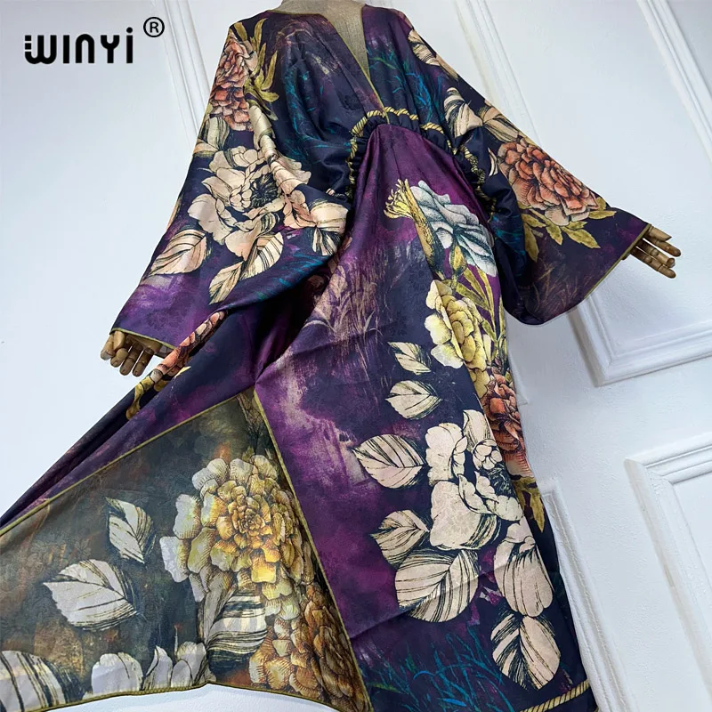 WINYI Bohemian Summer Beach Dress High Quality Double Sided Boho Printing Elegant Silk Maxi Dress Women Evening Party Kaftan