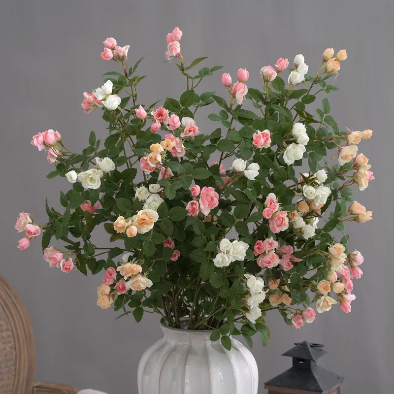 Long Branch Small Rose Bouquet Nordic Flower Arrangements Artificial Flower Bouquet for Home Dining Table Wedding Party Decor