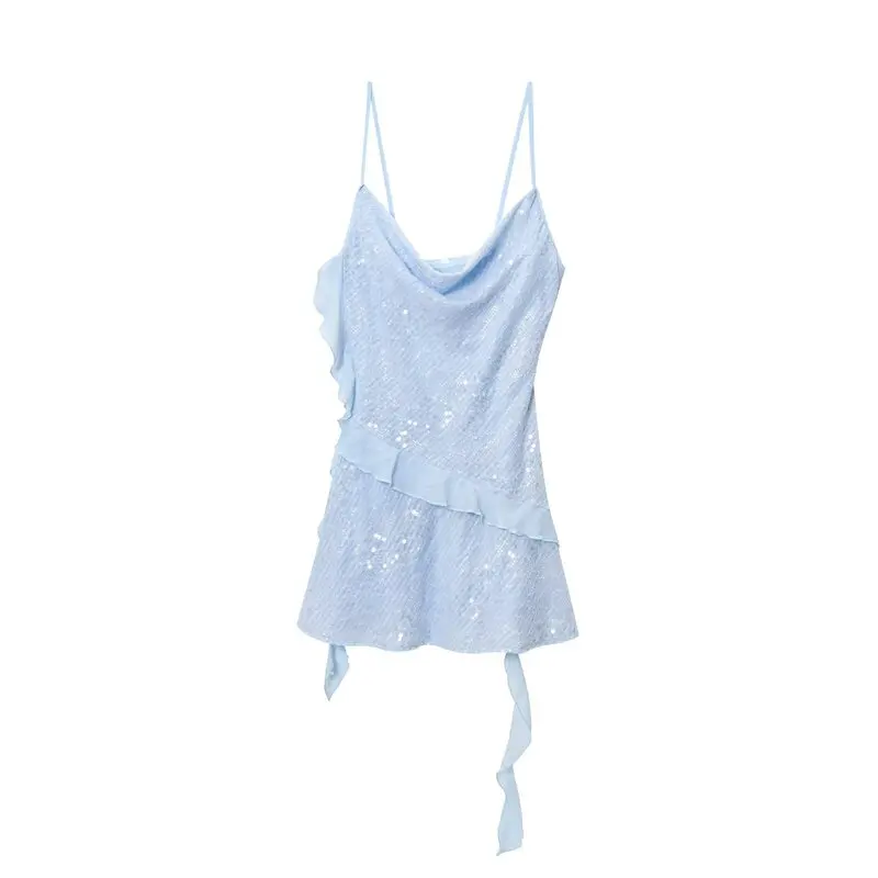 Vestido Curto F de Verão 2025 Novo Estilo com Alça Fina, Design em Camadas com Miçangas Decorativas, Estilo Casual par...