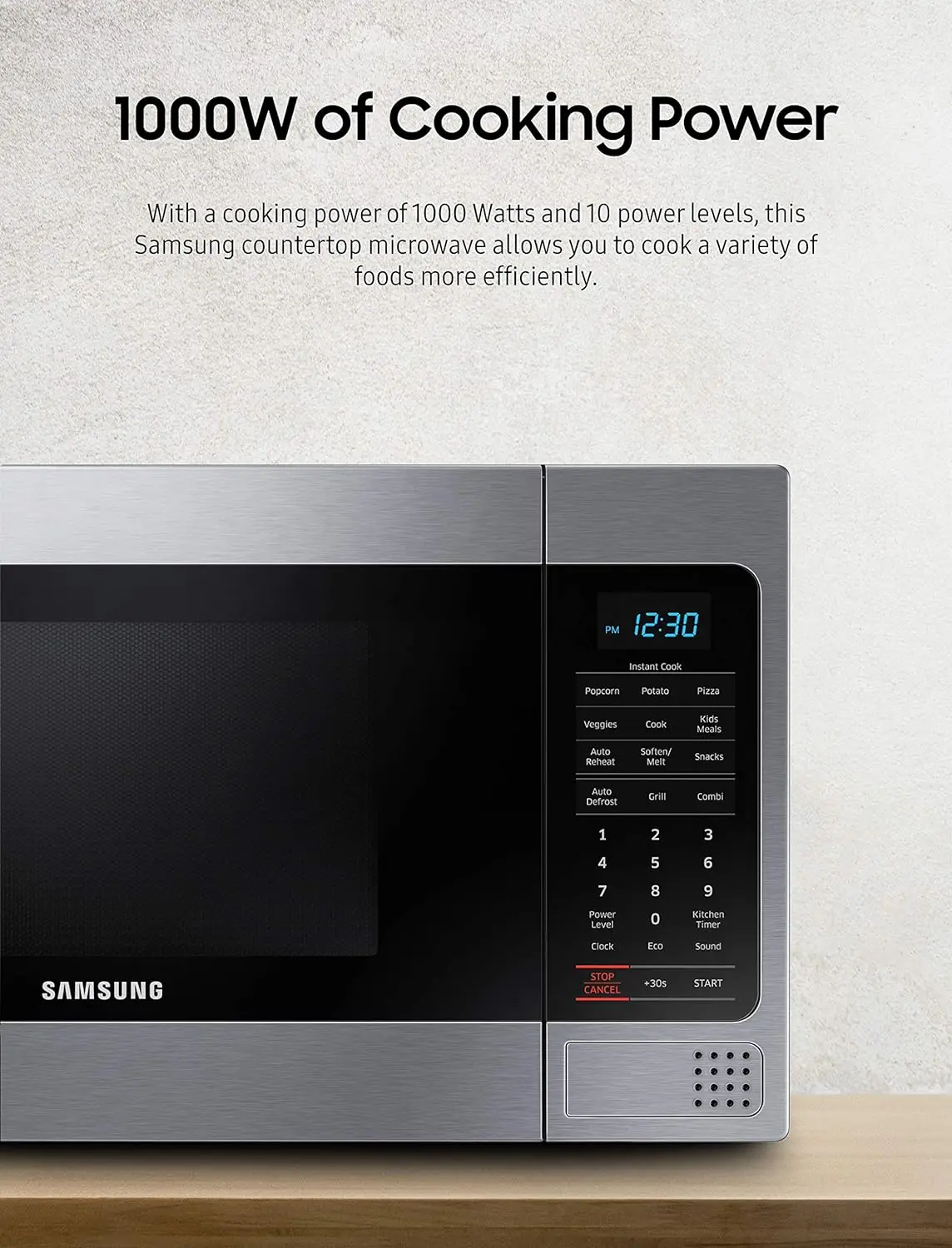 Samsung 1.1 Cu FT countertop เตาอบไมโครเวฟ w/ องค์ประกอบการย่างเซรามิกภายในตัวเลือกการปรุงอาหารอัตโนมัติ1000วัตต์