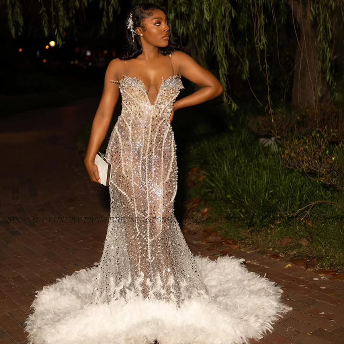 Robes de bal sirène en dentelle pour filles noires, personnalisées, paillettes et diamants, plumes, robes d'anniversaire formelles à paillettes en cristal