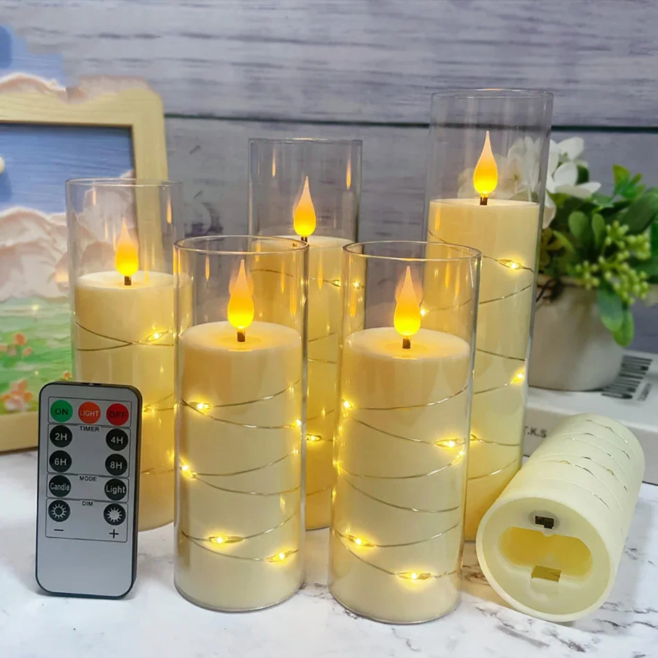 Electronic LED String Candles With Timer Remote,Battery Operated Candles,Wedding Candle,Dia.5.5cm,Height:14/16/18/20cm,5PCs