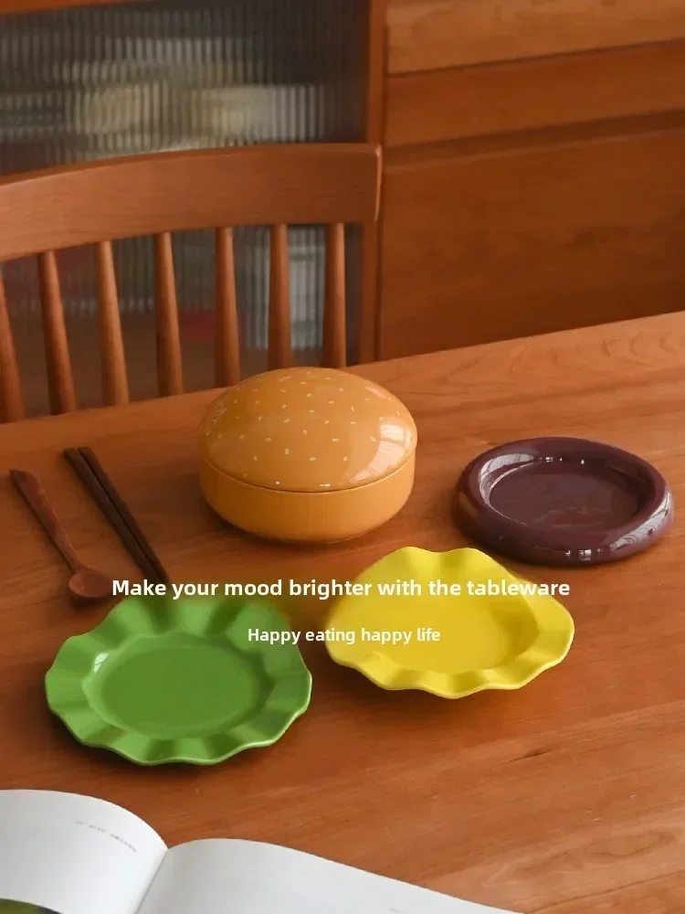 Creative burger ceramic tableware set household cute cartoon bowl plate set
