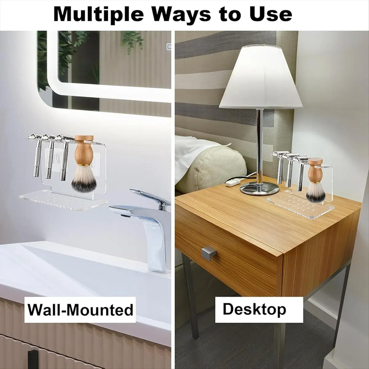 (A75U] Acrylic and Brush Stand, Clear, Space-Saving Design, Compatible with Most Shaving Tools, Holds 3 Razors & 1 Brush