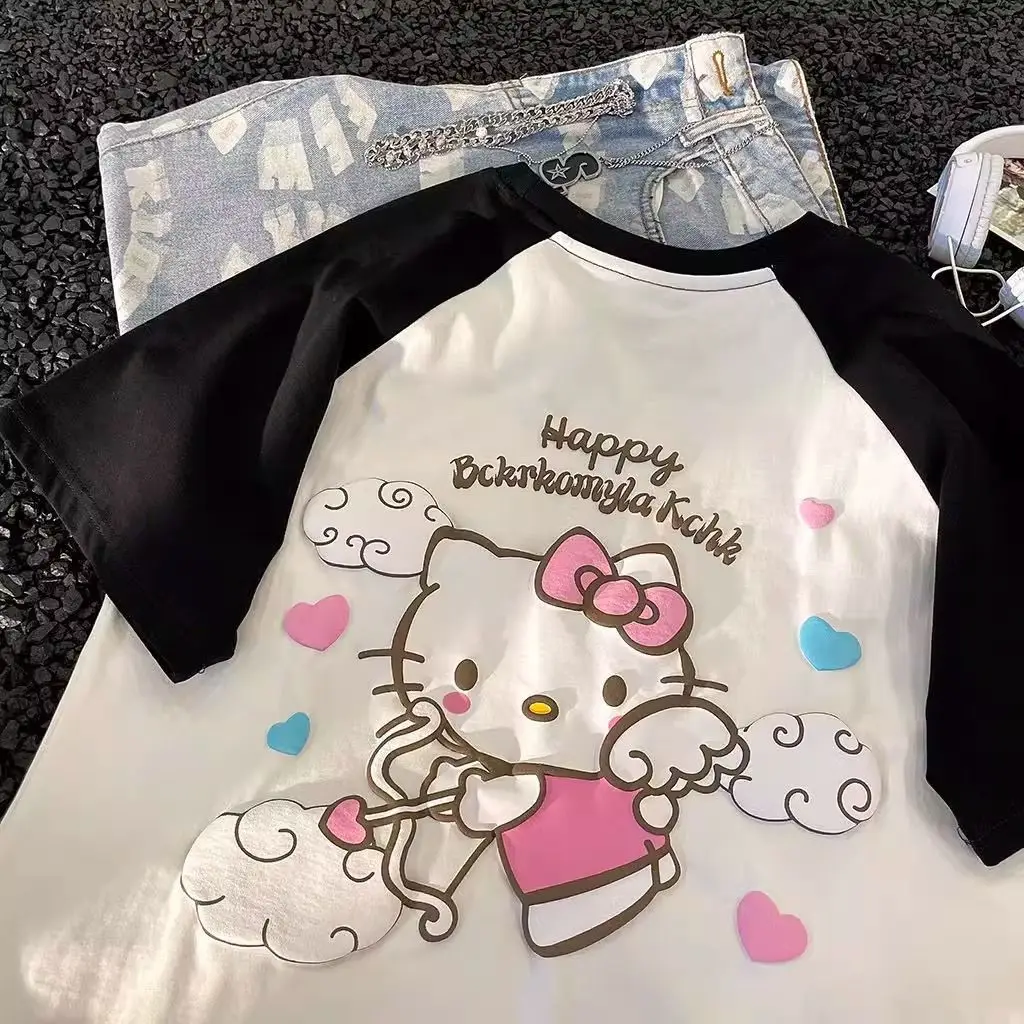 Hello Kitty Sanrio t-shirt grigia Kawaii Cartoon Print Cotton Top o-collo camicie oversize Streetwear Splicing Top abbigliamento donna