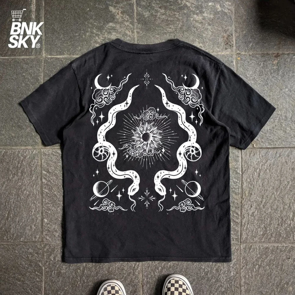 Millennium Subculture Star Moon Double Snake Lazy Dark Style Short Sleeve Retro Tattoo Wind T-Shirt Breathable Cotton round N...