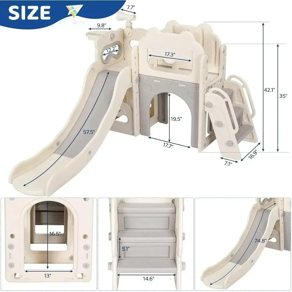 L-Shaped Toddler Slide with Enclosed Steps, Climber, Tele, Basketball Hoop, and Tunnel - Indoor/Outdoor Playset (White & Gray)