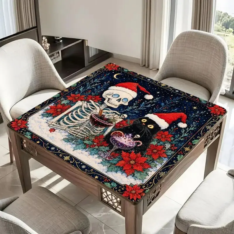VIKAMA Christmas Mahjong Mat Dark Blue Skeleton Santa Hat Wine Glass Black Cat Print Non Slip For Living Room Game Night Decor