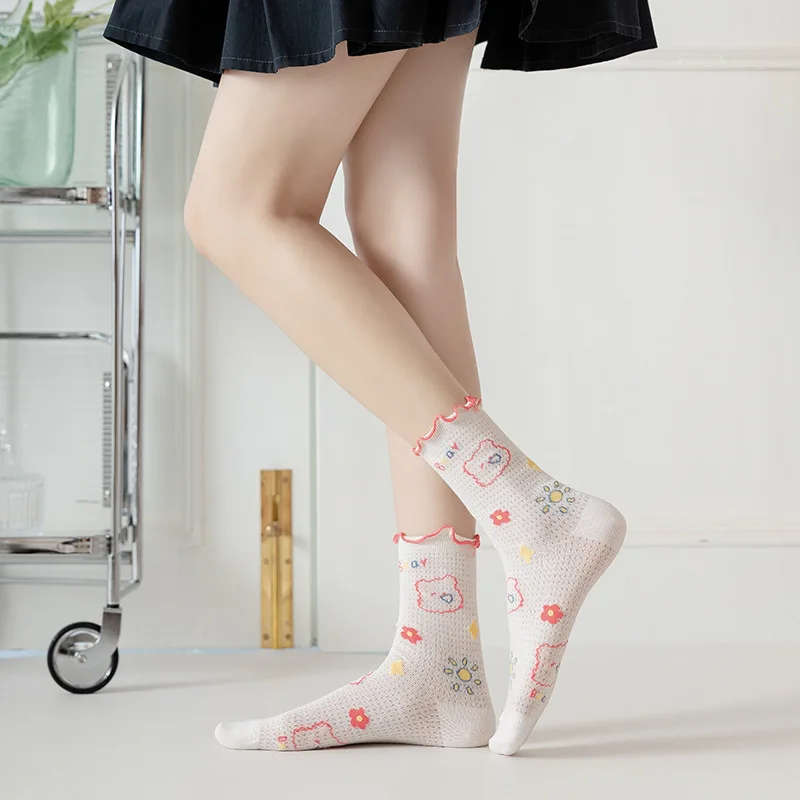 Cute Spring/Summer Thin Mesh Hollow Breathable Mid Cap Cotton Socks Japanese cartoon lace pile socks