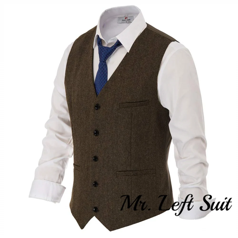 Men's Western Herringbone Tweed Suit Vest Wool Blend V Neck Slim Fit Waistcoat