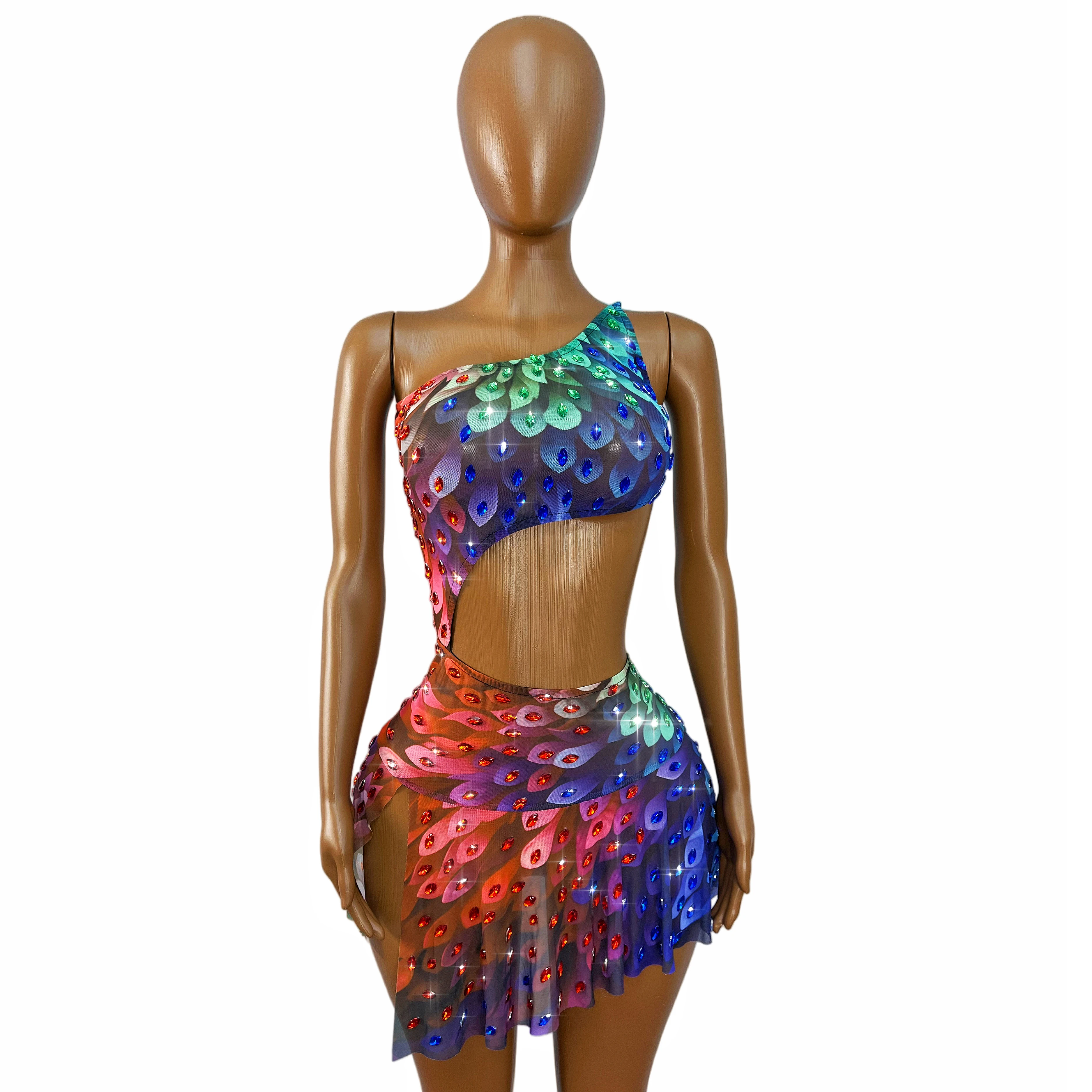 New Designed Shining Rhinestones One shoulder Hollow waist Short Dress Women Party Fashion Show Outfit Stage Performance Fengyu