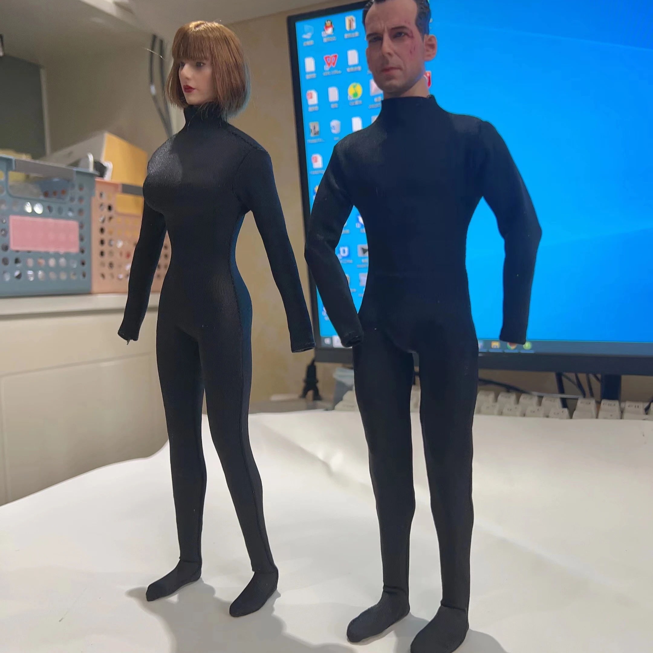 1/6 Scale female male dolls clothes Long Sleeve  Jumpsuit Elastic tights balck white fit 12'' action figure body model