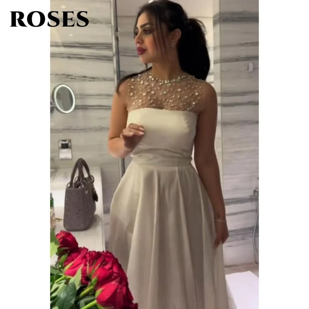 

ROSES White Crystals Party Dress O-Neck A-Line Evening Dress with Pleats Satin Prom Dress فساتين السهرة Customized