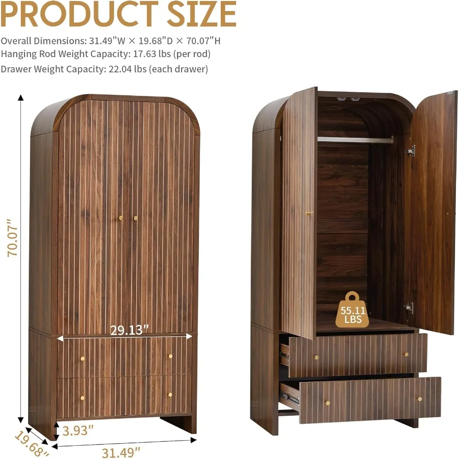 خزانة ملابس مقوسة بذراعين، خزانة ملابس حديثة ببابين في منتصف القرن مع قضيب معلق ودرجين منحوتين