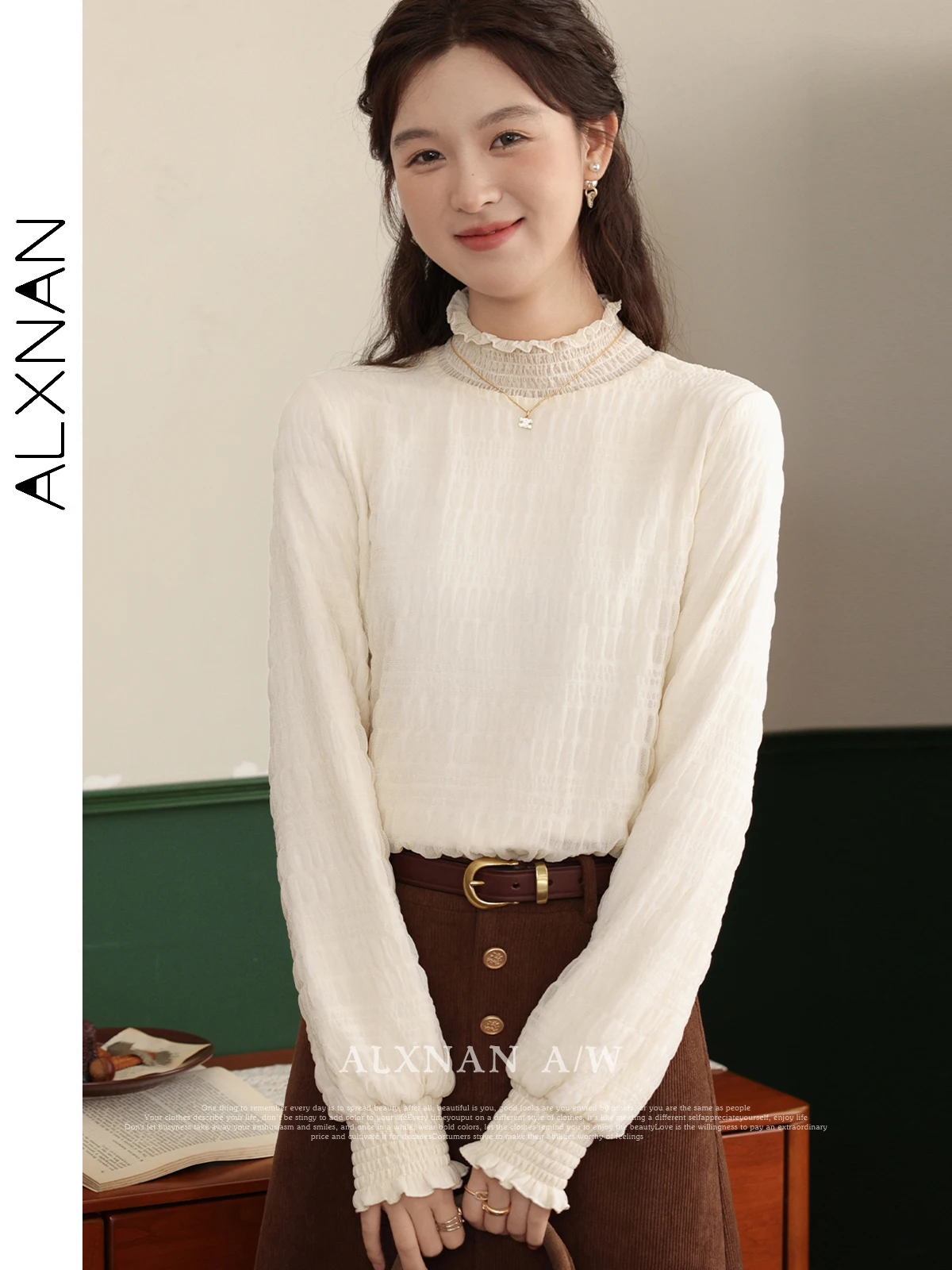 

ALXNAN Apricot Half High Collar Lace Shirt 2024 Autumn Gentle Long Sleeve Tops for Women Solid Versatile Pullovers LXN32216