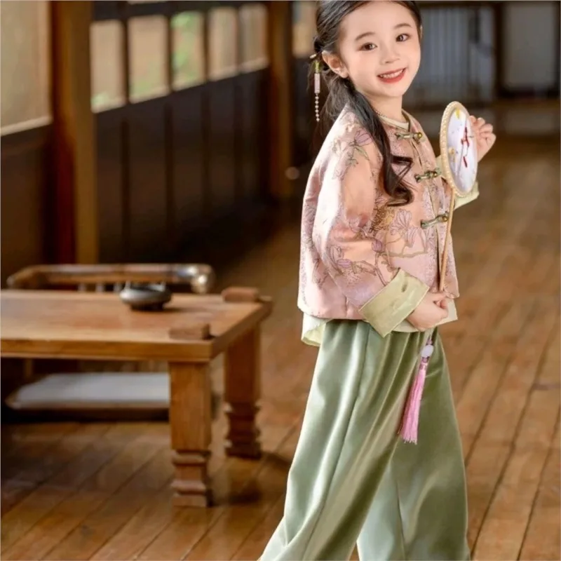 2026 New Chinese Autumn Girls' Top Pants 2-piece Set Creative Children's New Chinese Style Retro Ancient Tang clothing Set LI641