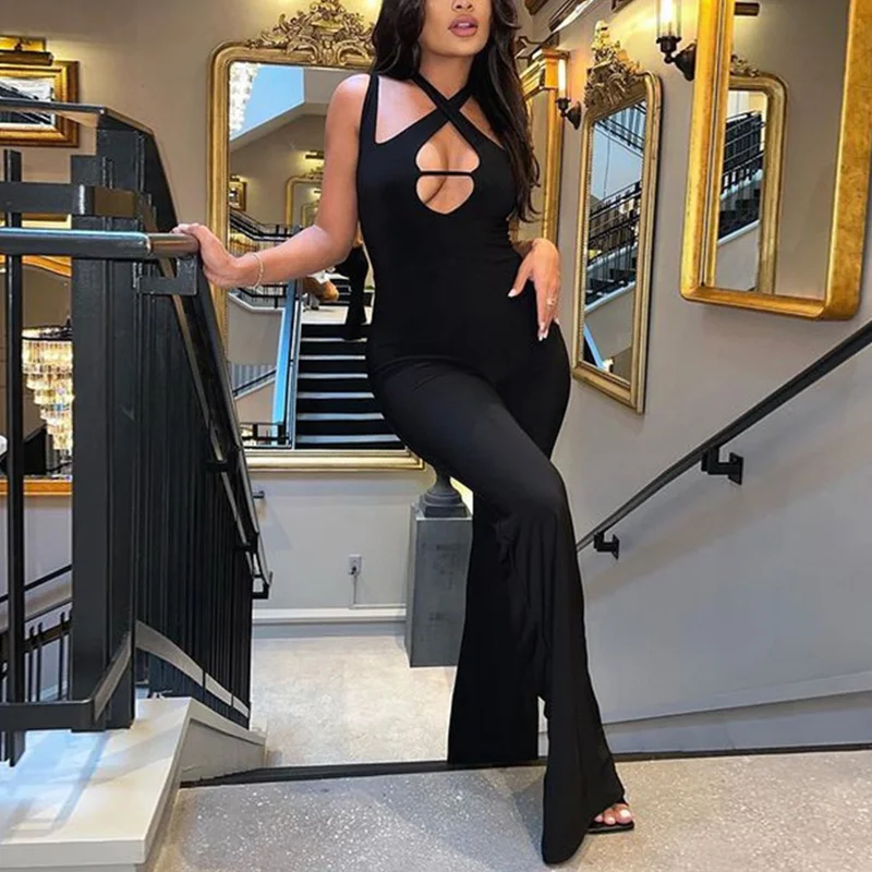 

Sexy One Piece Halter Irregular Backless Bodycon Summer Jumpsuits Black Fashion Hollow Out Rompers Flared Pants Female Club Wear