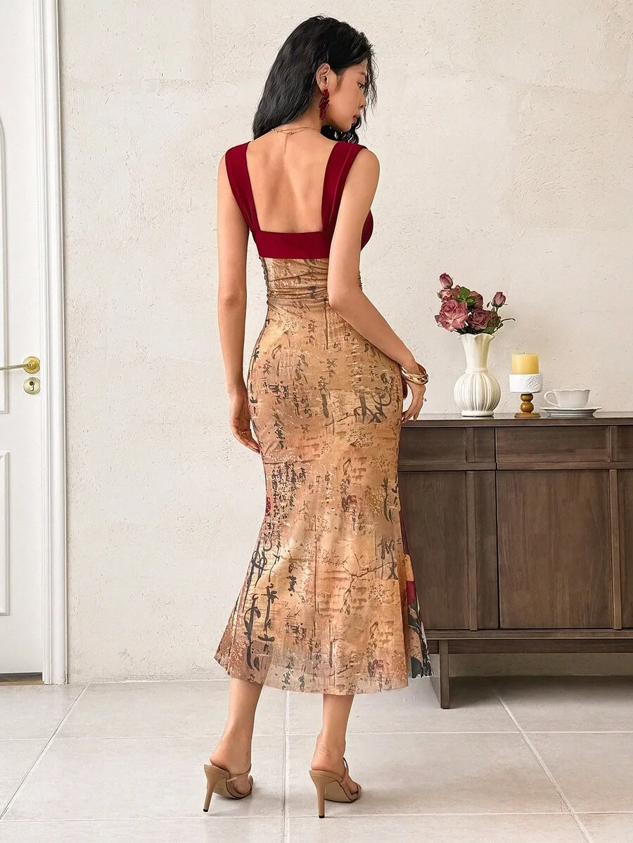 

Elegant Floral Print Sweetheart Neck Ruched Bust Fishtail Hem Dress For Women Summer Vacation Party Wedding Guest