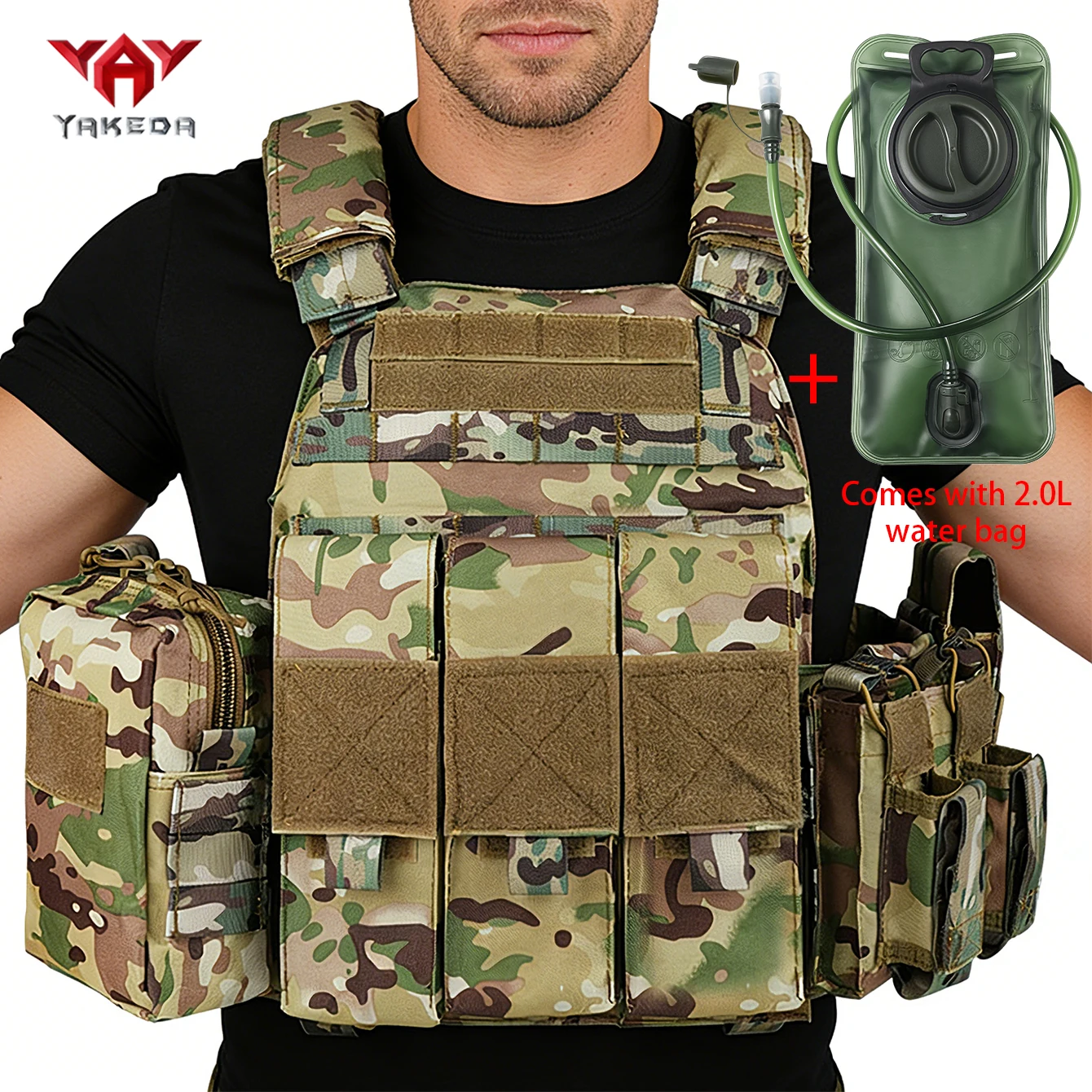 

YAKEDA Outdoor Hunting Vest Adjustable Triple Equipment Pouches 2L Collapsible Hydration Bottle Straw Bite Valve