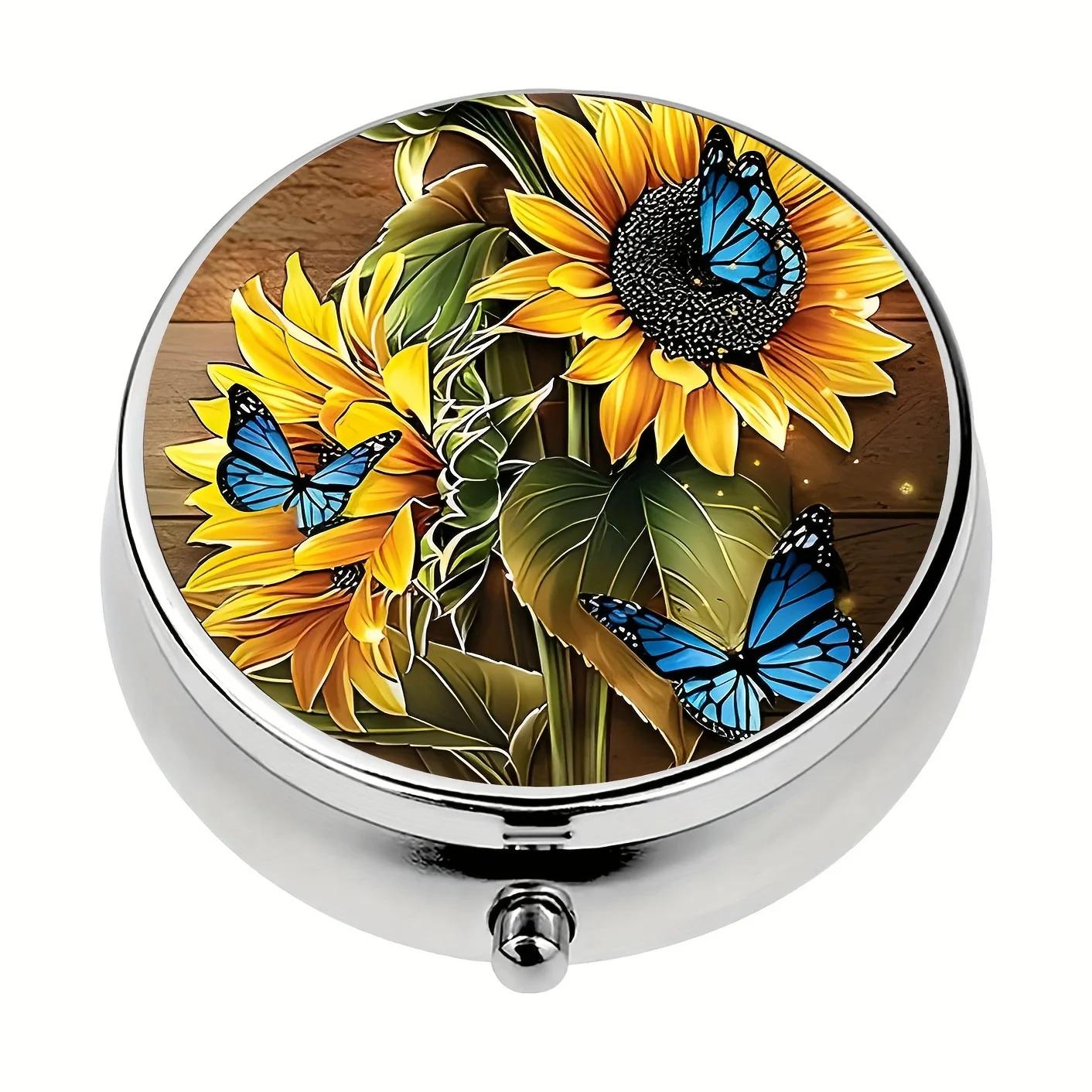 Blue Butterfly Sunflower Pill Box,3 Compartment Medicine Organizer,Mini Pill Box,Case For Purse,For Pocket Or Purse Box