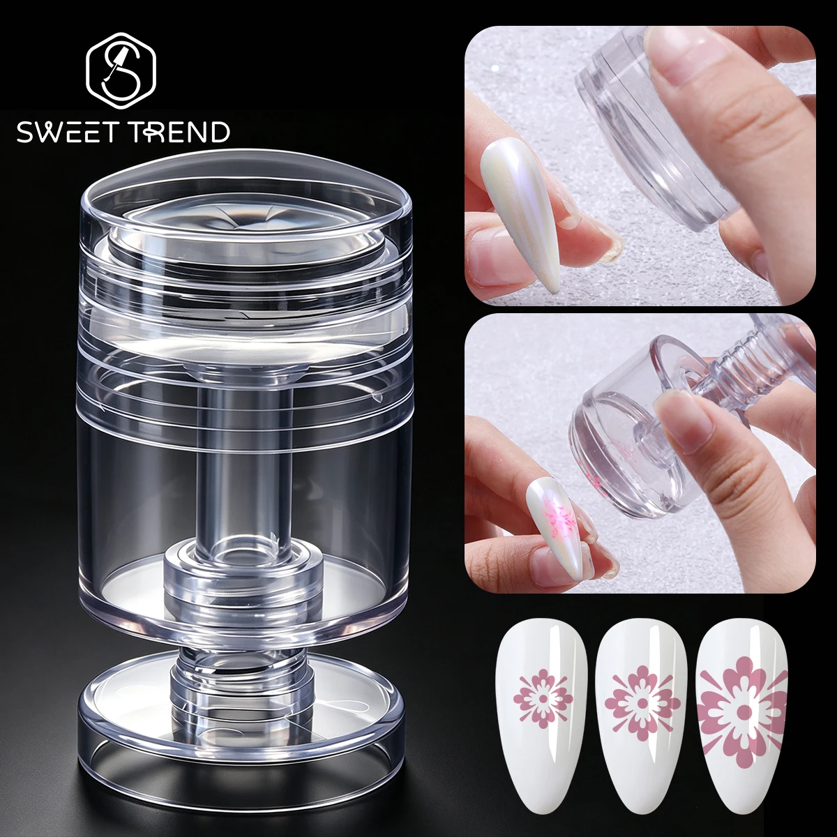 Tampon à ongles rotatif en silicone transparent avec raclette, taille de motif réglable, gabarit de transfert en gelée, outils de manucure DIY