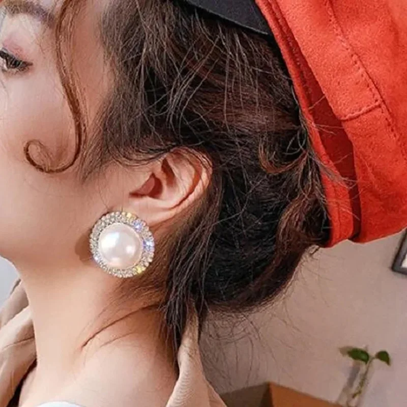 جديد جولة كبيرة اللؤلؤ قرط الاذن المرصع للنساء مع الزركون الساطع فتاة الصلبة 925 فضة الكورية أقراط مجوهرات الحفلات هدية